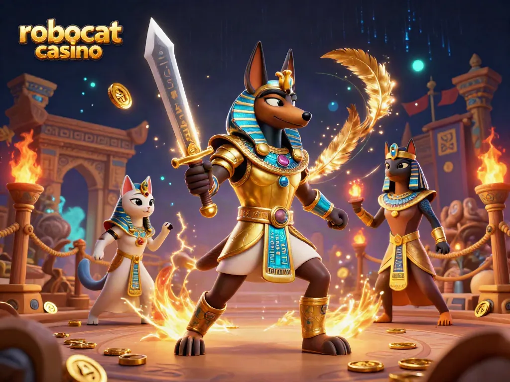 Play exciting games at robocat casino with a dynamic scene featuring ancient Egyptian warriors and glowing elements.