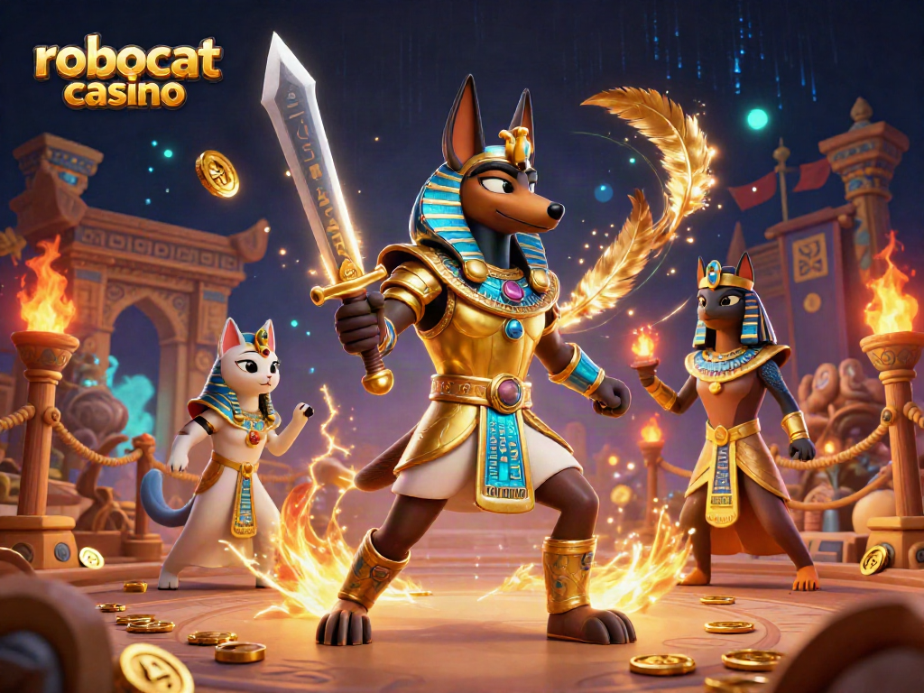 Play exciting games at robocat casino with a dynamic scene featuring ancient Egyptian warriors and glowing elements.