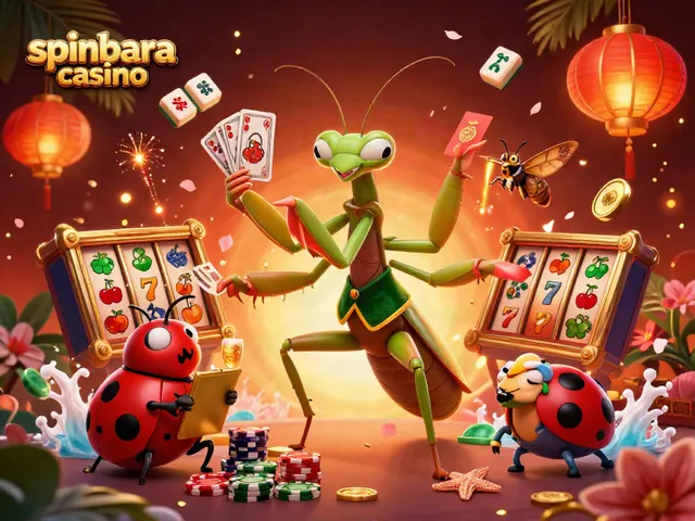 Experience spinbara casino with an energetic 3D scene featuring a gambling mantis and ladybug boss.