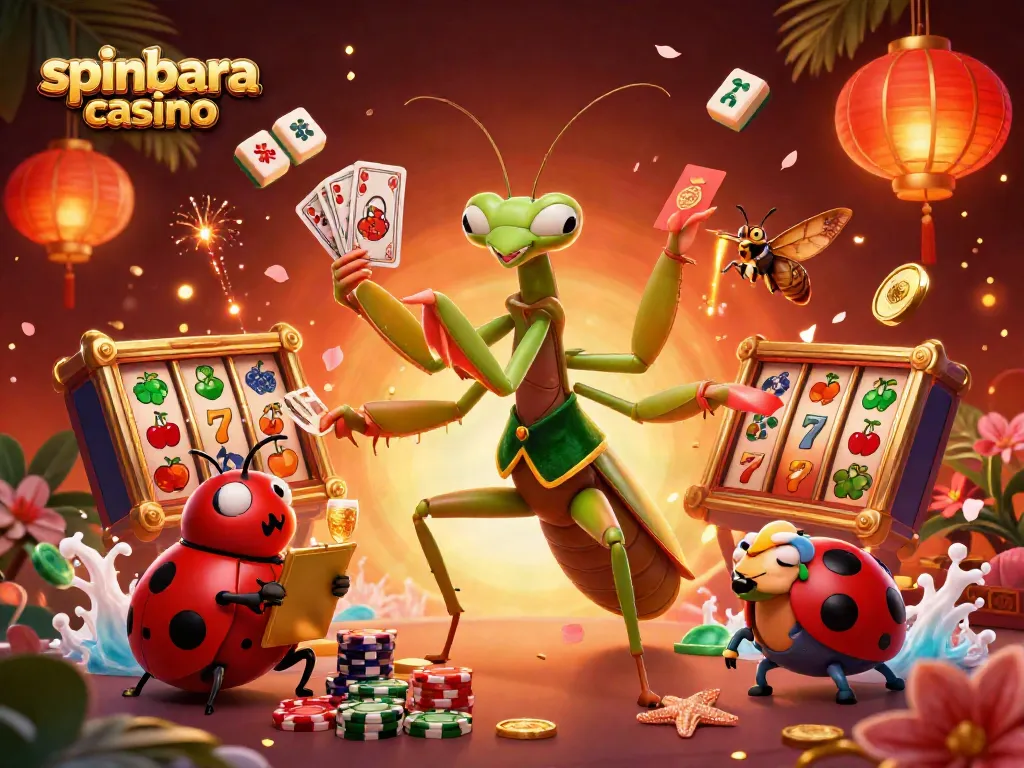 Experience spinbara casino with an energetic 3D scene featuring a gambling mantis and ladybug boss.