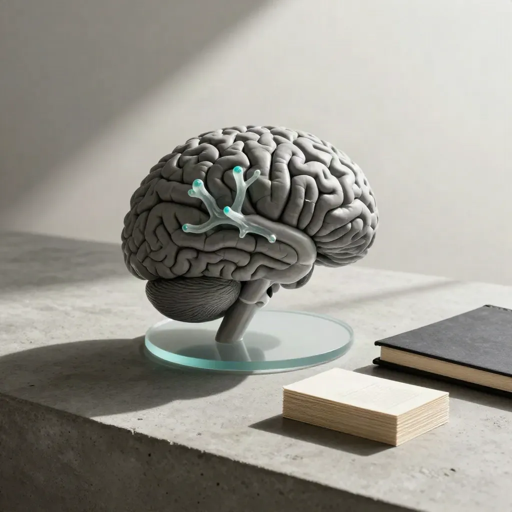 Modelo anatómico de cerebro con ramas dendríticas y tarjetas sobre mesa, luz cinematográfica.