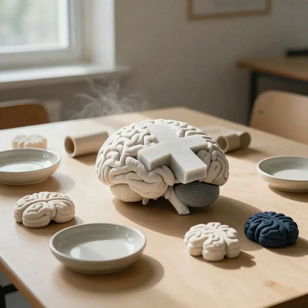 Mesas de aula con cerebro de espuma, tubos y piezas modulares para una demostración.