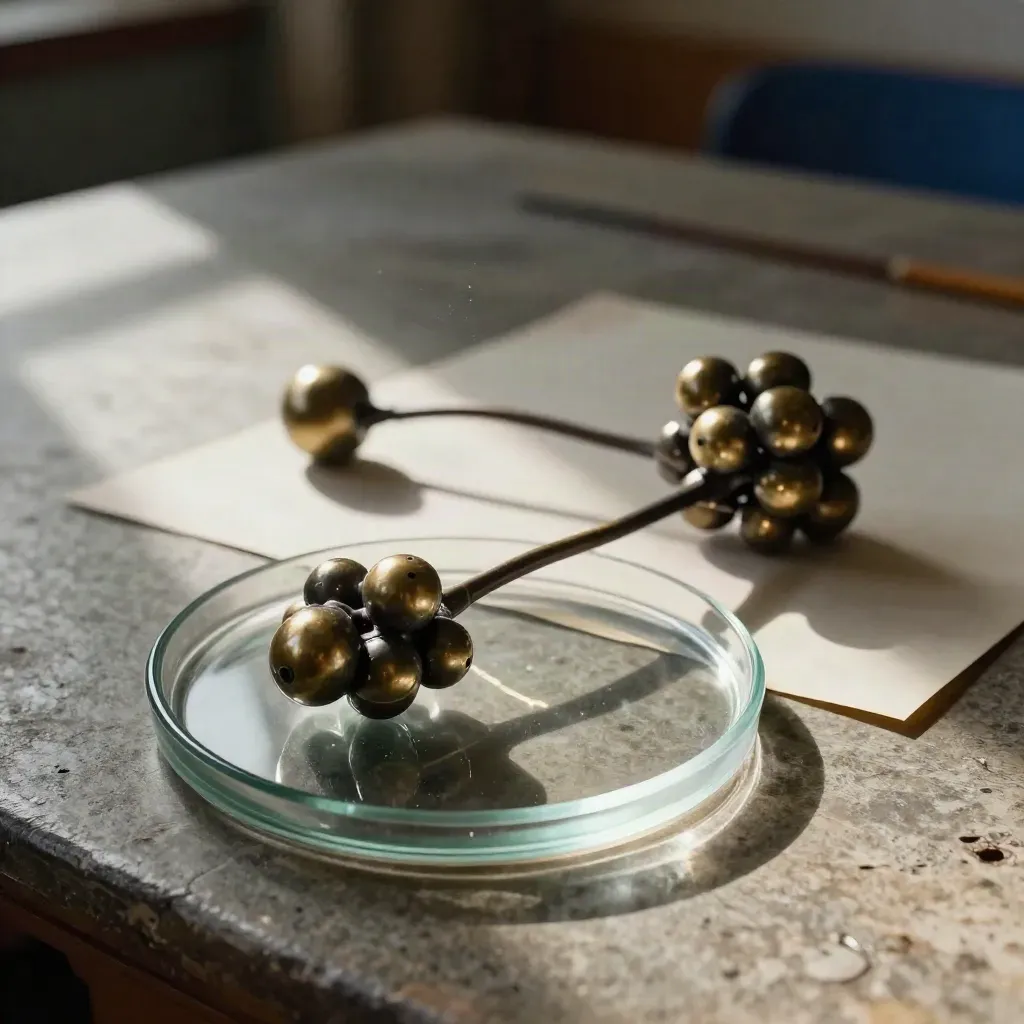 Maqueta de sinapsis en bandeja de vidrio, con luz lateral y polvo flotando.