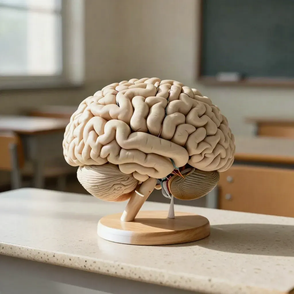 Modelo cerebral segmentado con lóbulos desplazados sobre base de madera clara, en aula vacía.