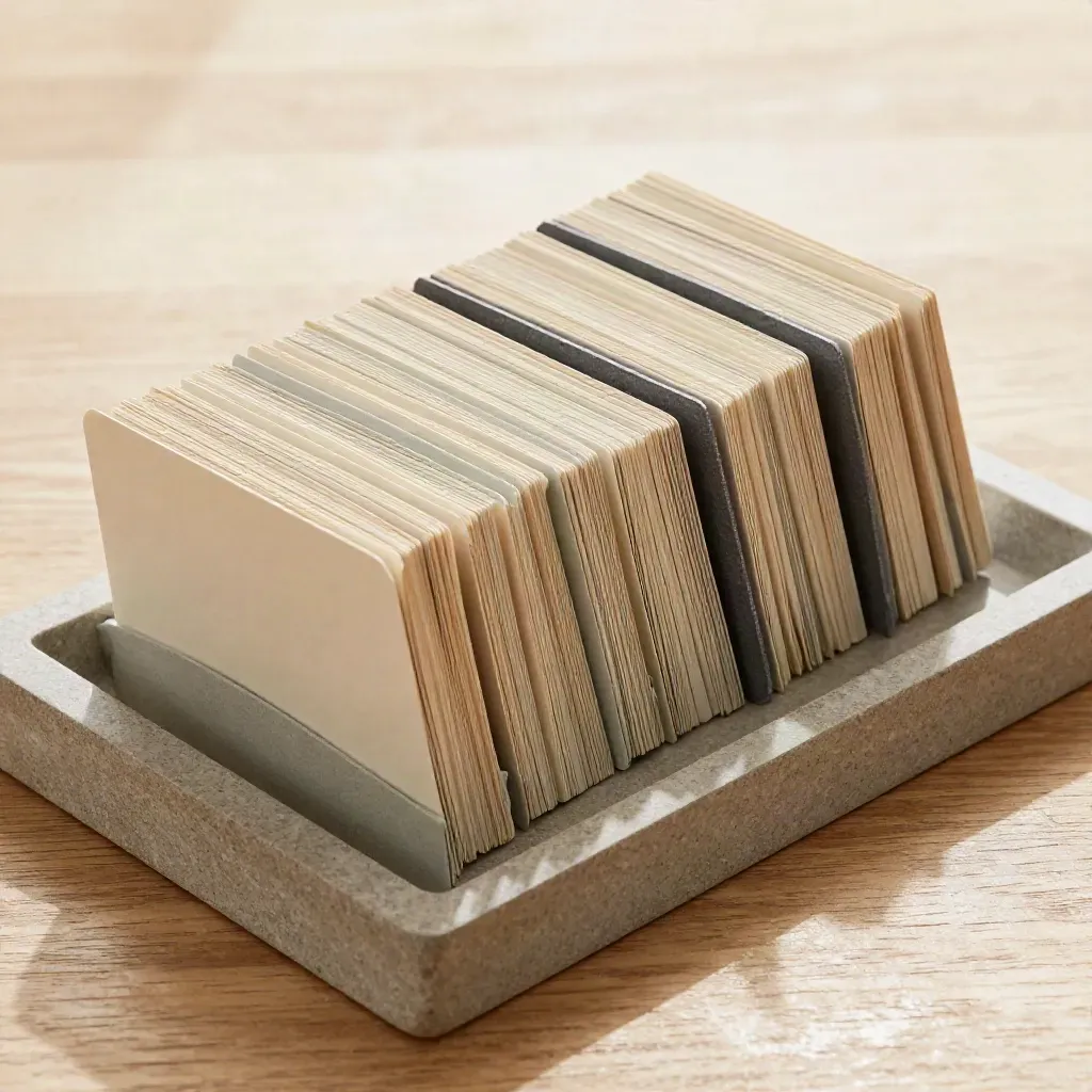 Caja de fichas de glosario con separadores gris pizarra y tarjetas blancas sobre una bandeja de piedra.