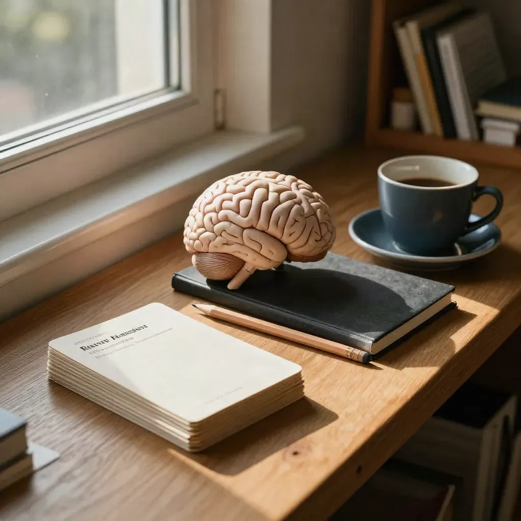 Tarjetas de repaso, cuaderno cerrado, lápiz, modelo cerebral y taza junto a una ventana cálida.