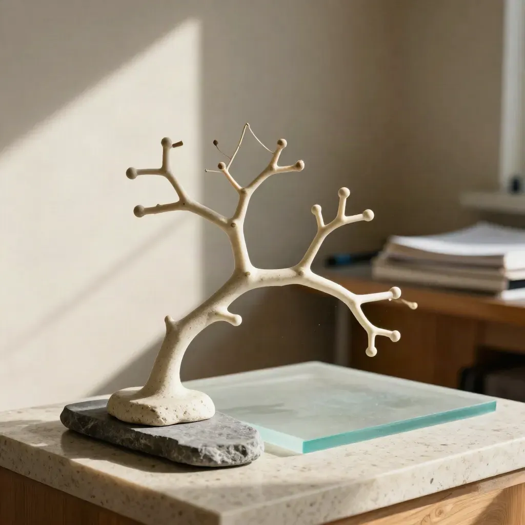 Escultura de dendritas en resina sobre base mate, con luz lateral y fondo cálido desenfocado.