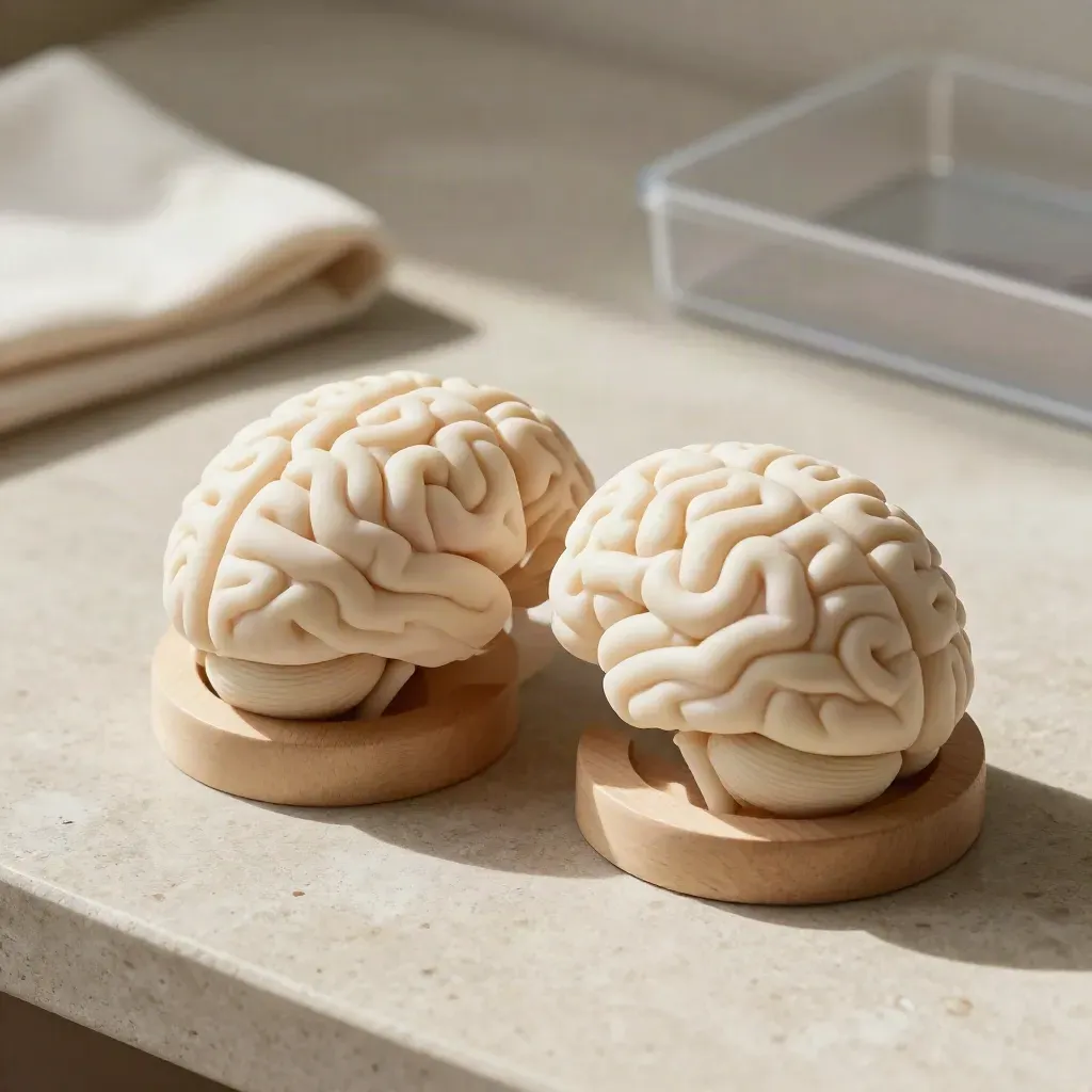 Dos piezas de un cerebro de estudio sobre madera clara, con luz de mañana y sombra suave.