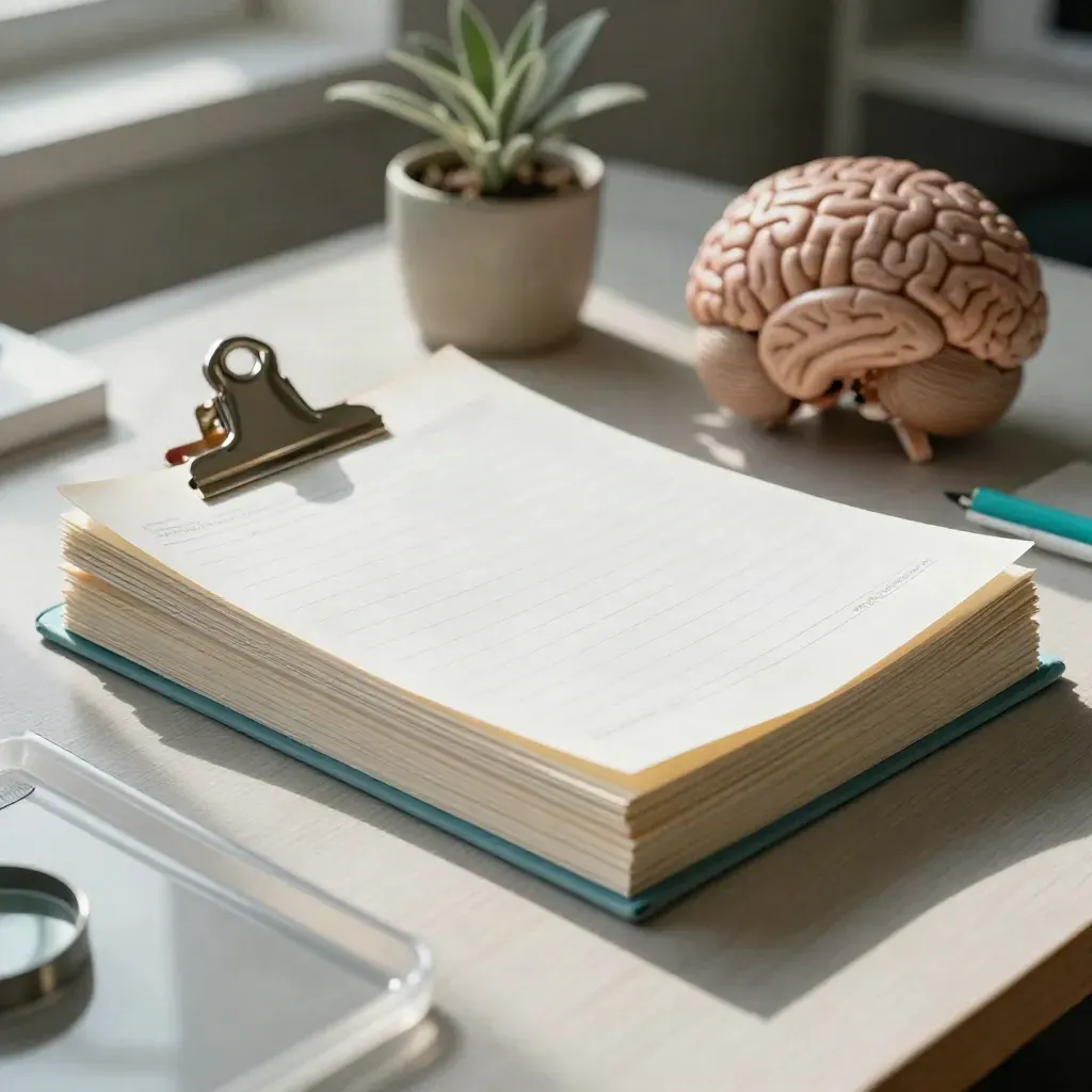 Pila de notas de laboratorio con cerebro modelo y planta junto a una ventana luminosa.