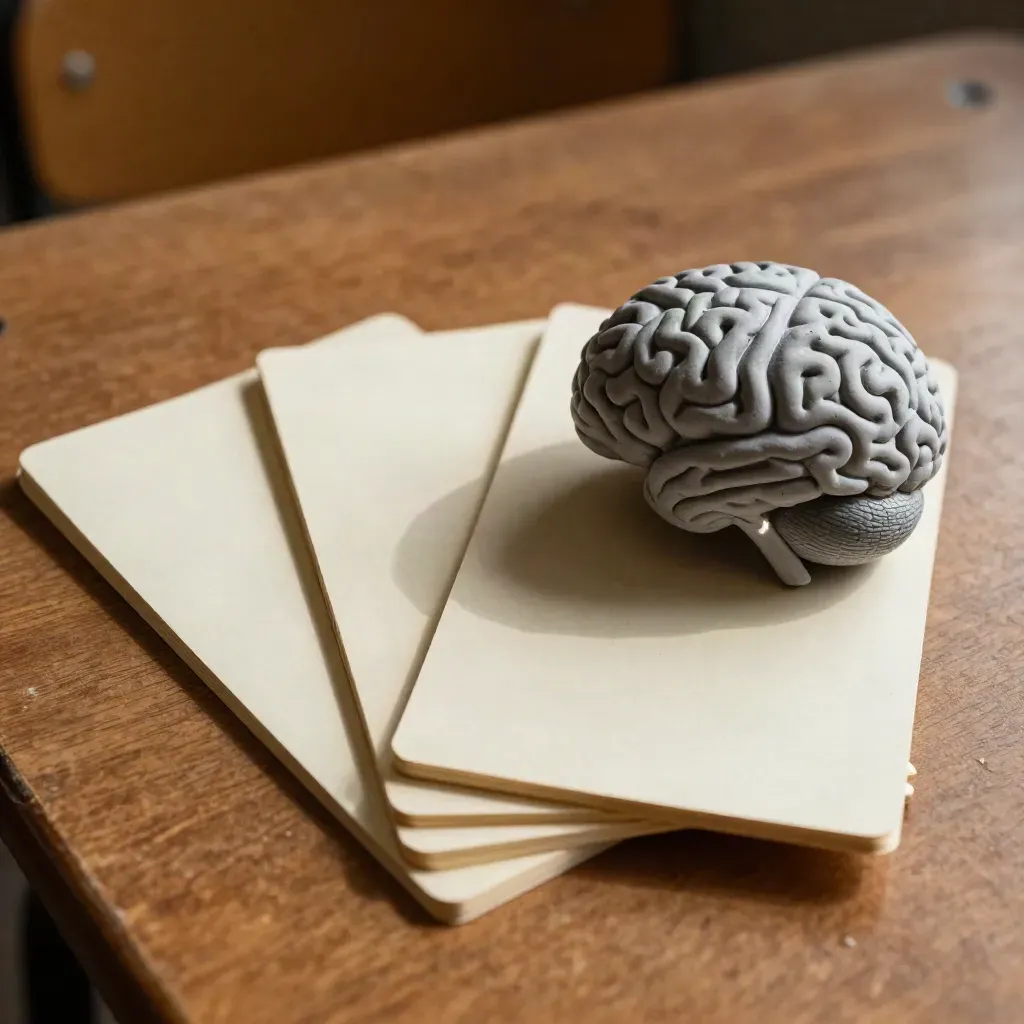 Tarjetas de repaso, modelo cerebral pequeño y peso de piedra sobre un pupitre de madera.