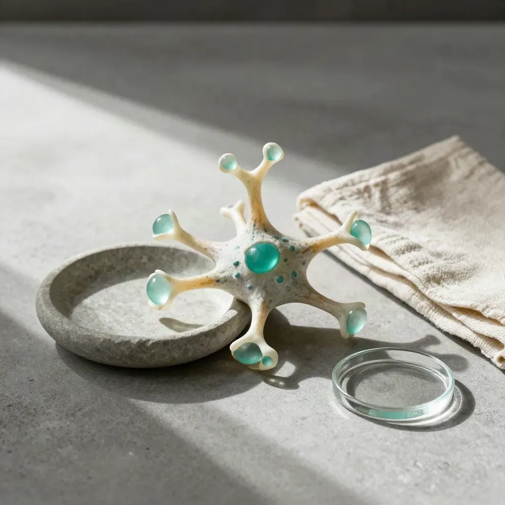Escultura de neurona de resina con brillo turquesa sobre piedra mate y paño plegado.