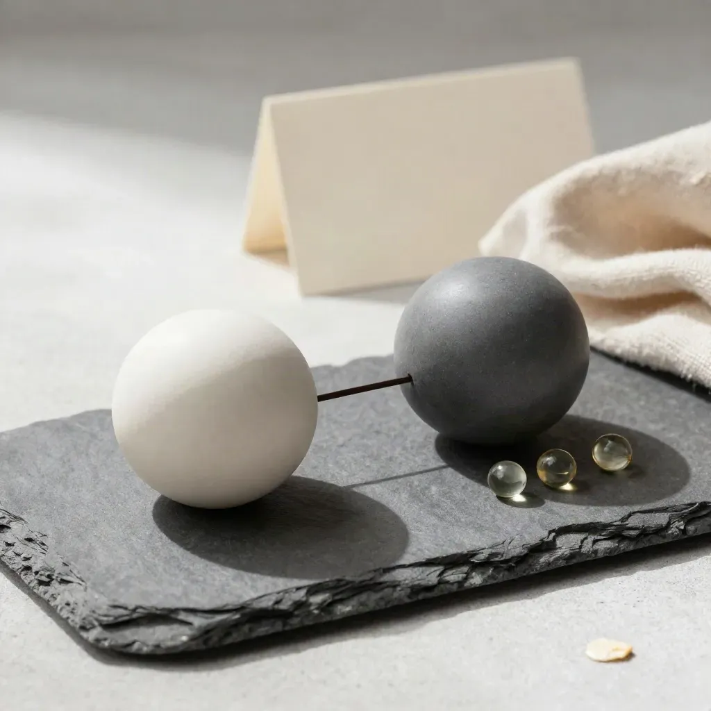 Maqueta de sinapsis con dos esferas cerámicas, una pausa mínima y tela doblada sobre bandeja de piedra.