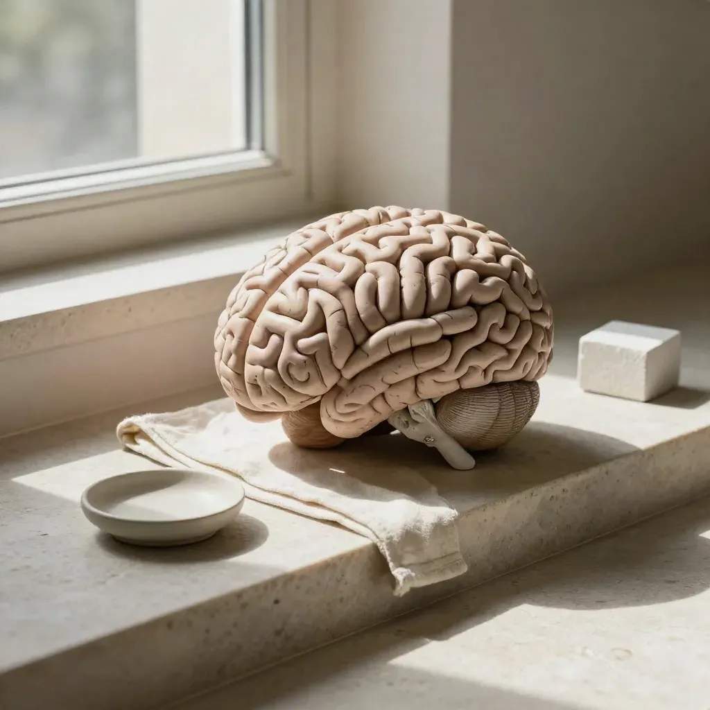 Maqueta de cerebro en piedra blanca sobre repisa de piedra con tela y cerámica neutra.